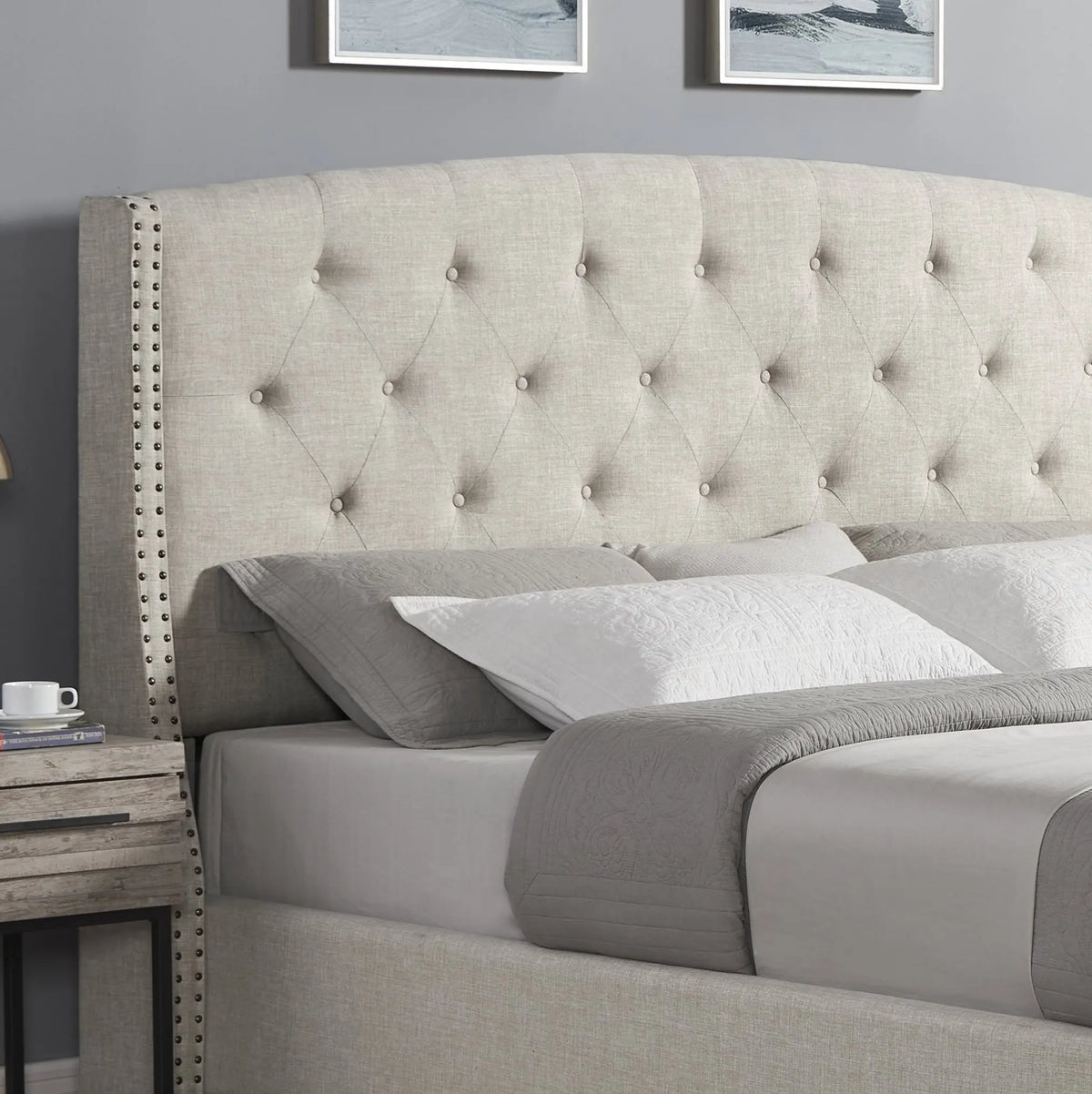 Astral 3-Piece Upholstered Bedroom Set Tufted Wingback Bed With Two Gray Nightstands - Queen Size