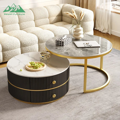 Wayon Modern White Round Nesting Coffee Table Set Gold Frame Storage Drawers Fluted Texture Living Room