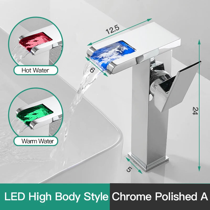 LED mixer tap for washbasin, outdoor decorator with luminous waterfall effect, colors changing according to temperature