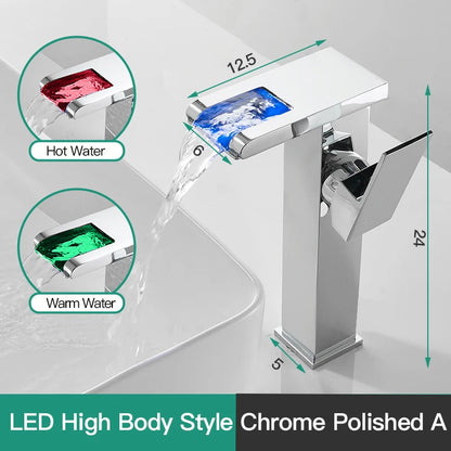 LED mixer tap for washbasin, outdoor decorator with luminous waterfall effect, colors changing according to temperature