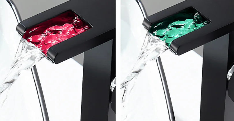 LED mixer tap for washbasin, outdoor decorator with luminous waterfall effect, colors changing according to temperature