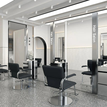 Barber Shop & Hair Salon Double-Sided Metal Salon Mirror Cabinet with Trendy Style Floor Light for Haircut and Perm/Dye Services