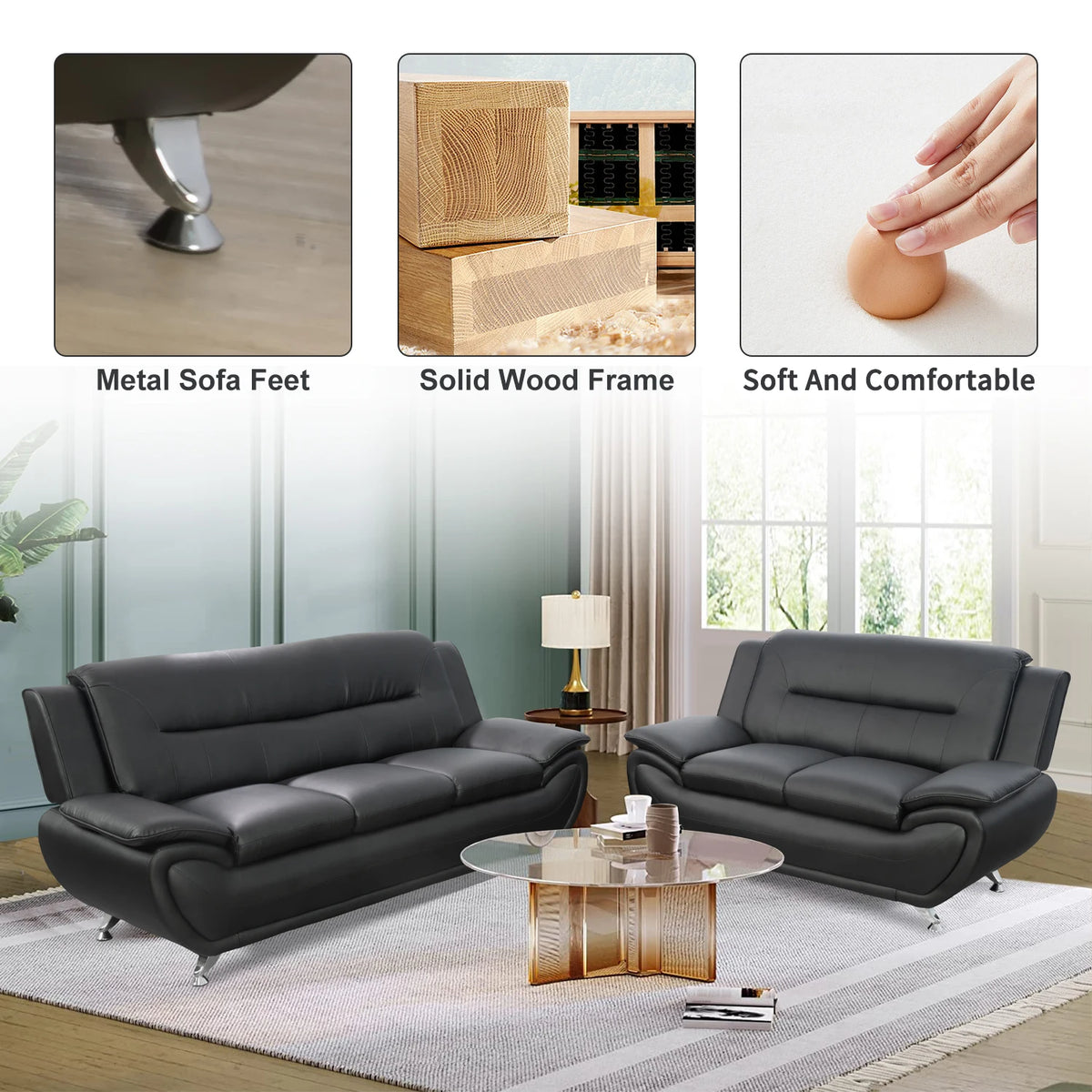 Luxury Modern 2 Seater Sofa Set Furniture Home Office Hotel Black Leather Modular Sofas for Sale