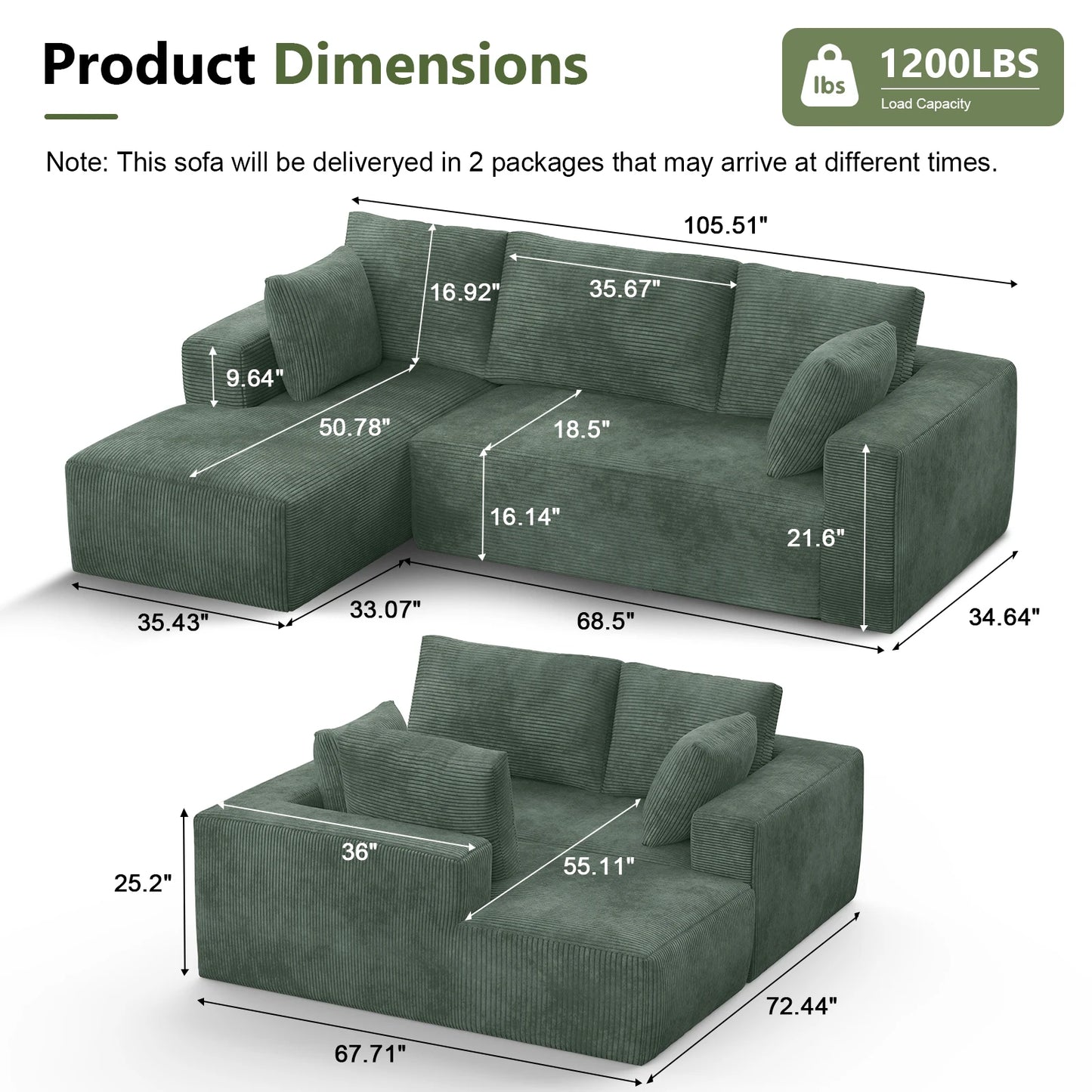 Modern Velvet Sectional Sofa with Memory Foam Cushions Vacuum Packed Living Room Set