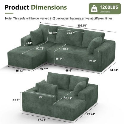 Modern Velvet Sectional Sofa with Memory Foam Cushions Vacuum Packed Living Room Set