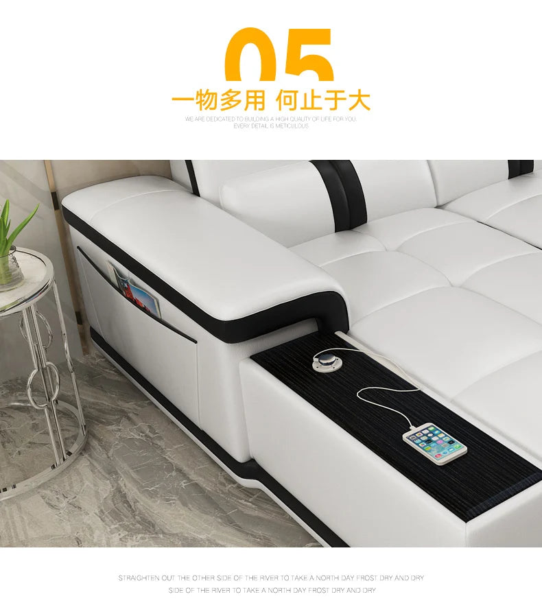 Linlamlim Modern Living Room Sofas L Shape Corner Italian Genuine Leather Couch with Speake,Radio,USB, Bluetooth, Cup Holder