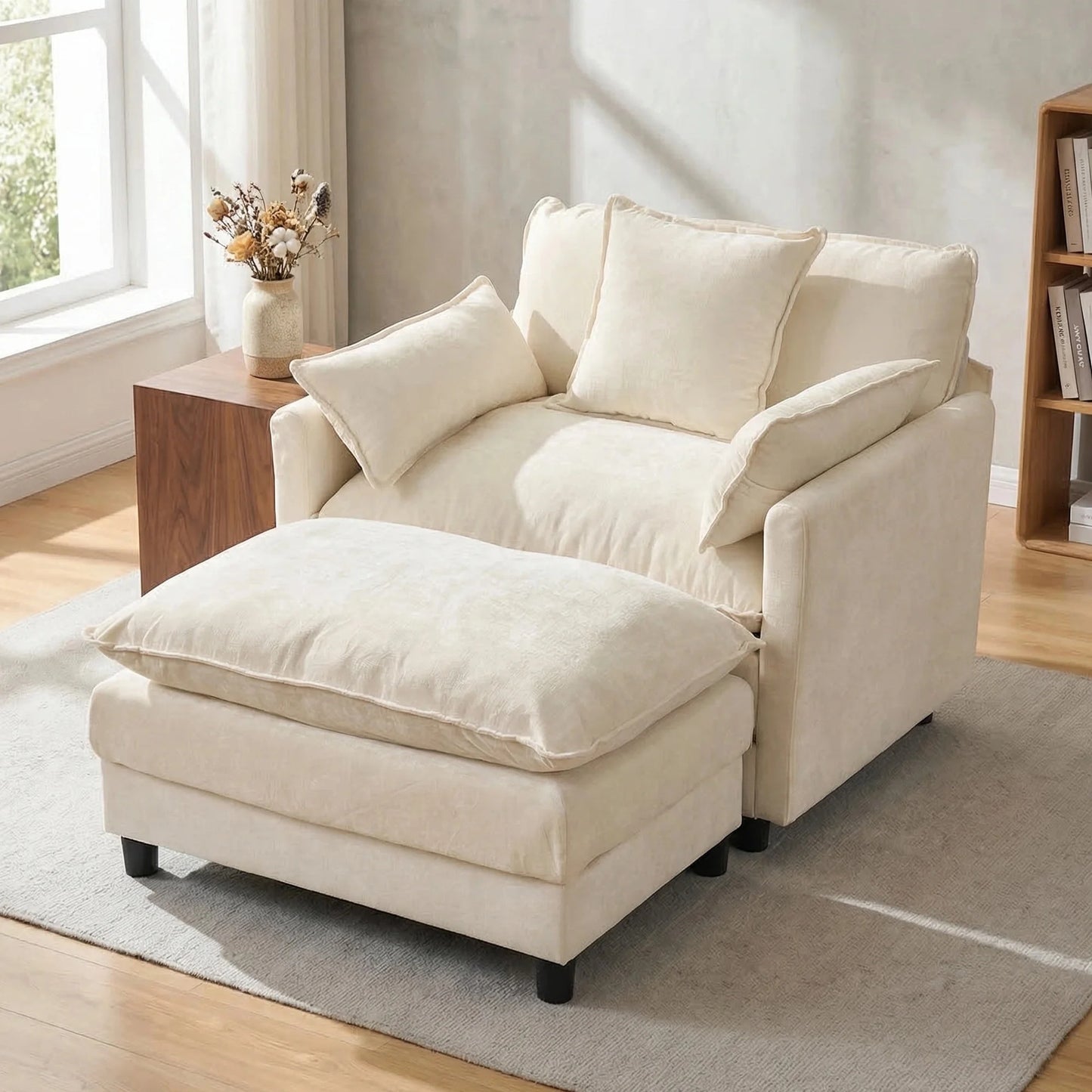 Chenille Two Seat Accent Sofa Ottoman Cozy Upholstered Modern Sofa Set Beige Lounge Decorative Pillows Wood Legs Living Room