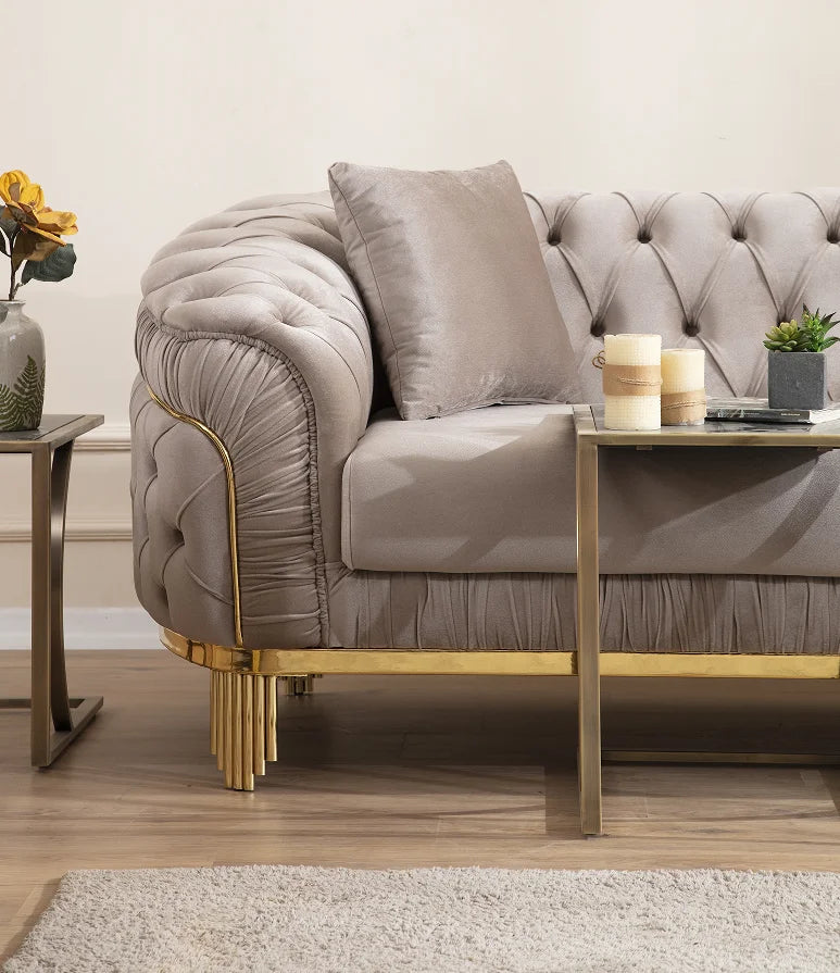Modern Style Modular 2 Piece Apartment Living Room Set (includes Sofa + Loveseat) Made Velvet Button Tufted Surface Taupe Color
