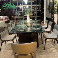 Wayon Luxury Green Sintered Stone Dining Table Set Glossy Faux Marble Top Black Pedestal Base Kitchen Furniture