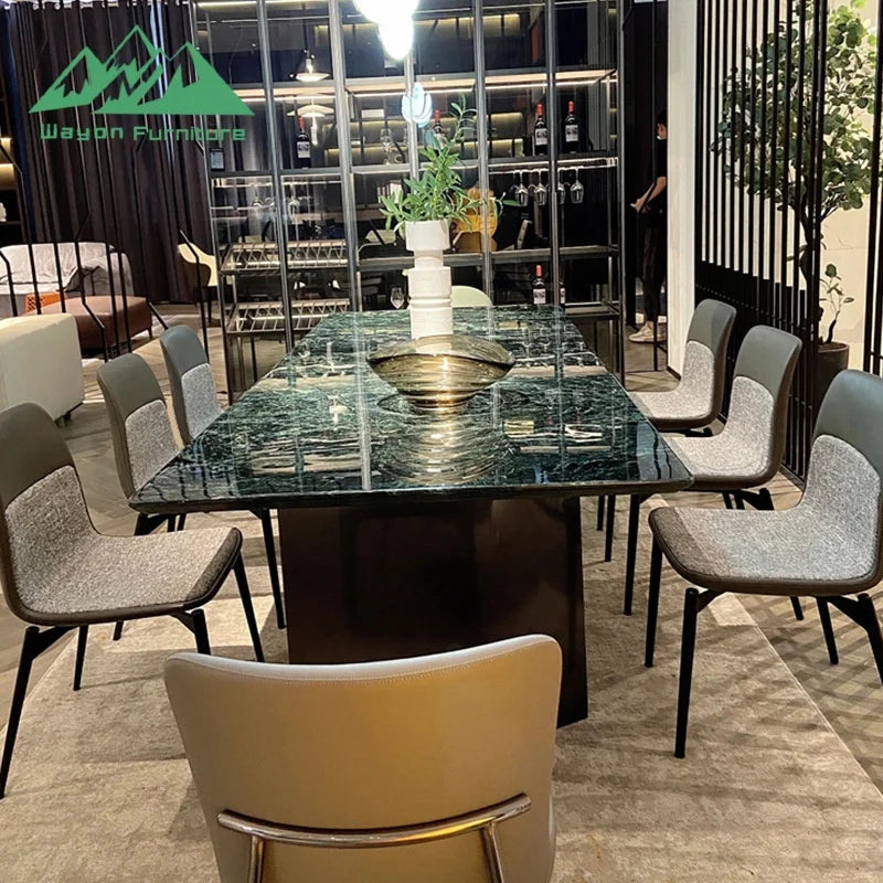 Wayon Luxury Green Sintered Stone Dining Table Set Glossy Faux Marble Top Black Pedestal Base Kitchen Furniture