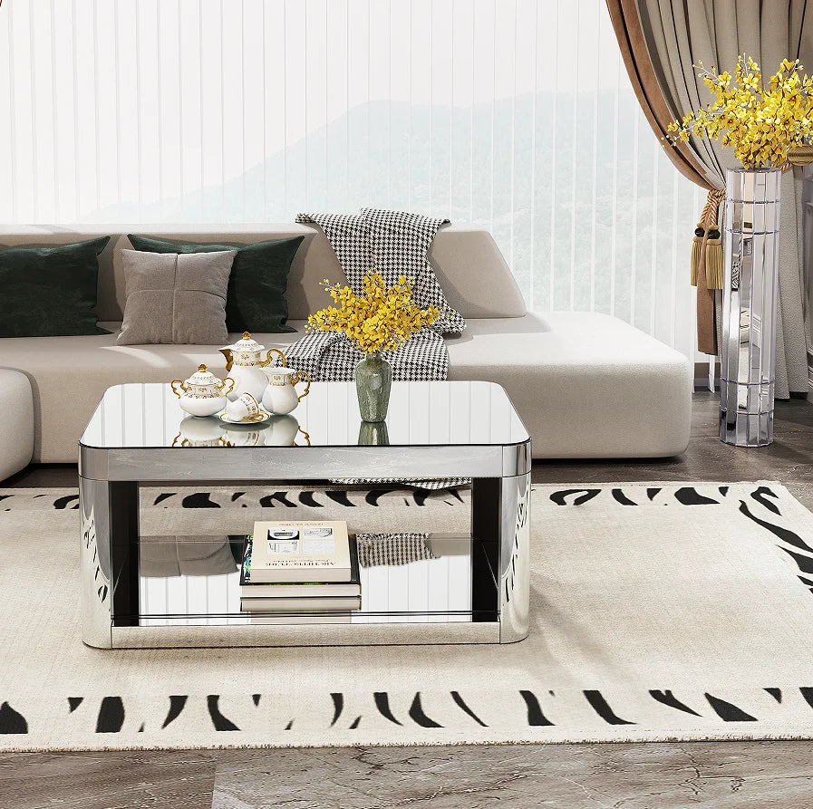 Baked Curved Mirror Modern Wood Coffee Table Living Room Adjustable Height Lift Center Table Premium Furniture
