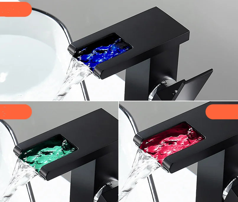 LED mixer tap for washbasin, outdoor decorator with luminous waterfall effect, colors changing according to temperature