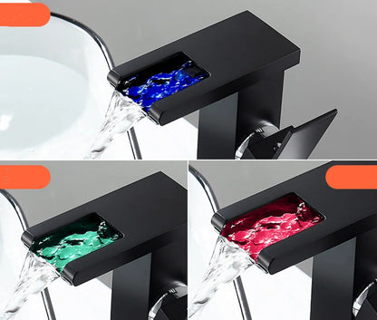 LED mixer tap for washbasin, outdoor decorator with luminous waterfall effect, colors changing according to temperature