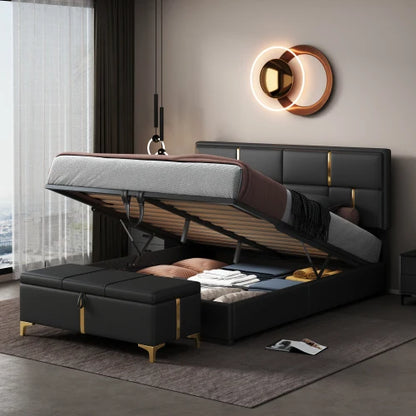 2-Piece  Size MDF Bedroom  Adjustable Height Convertible Upholstered Platform Bed Hydraulic Storage Home Furniture