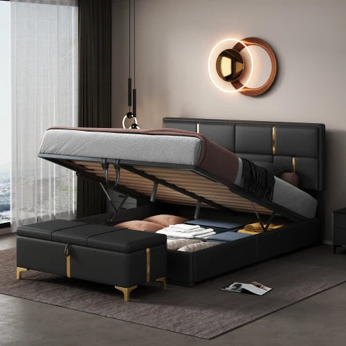 2-Piece  Size MDF Bedroom  Adjustable Height Convertible Upholstered Platform Bed Hydraulic Storage Home Furniture