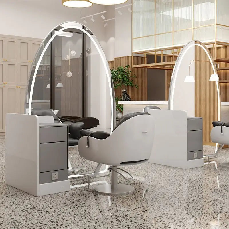 Barber Shop & Hair Salon Double-Sided Metal Salon Mirror Cabinet with Trendy Style Floor Light for Haircut and Perm/Dye Services