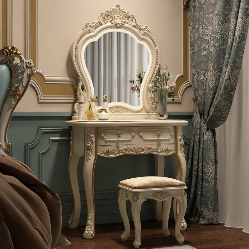 European Style Modern LED Cream White Dressing Table Girls' Makeup Table with Lighted Mirror Wood Panel Bedroom Furniture