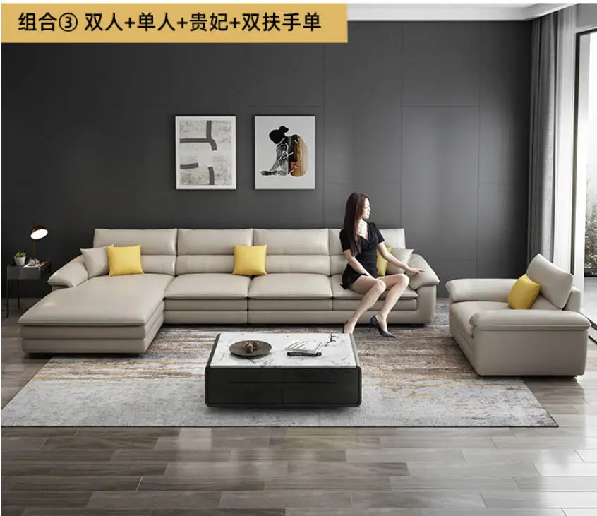 MANBAS Nordic Living Room Sofa Italian Genuine Leather Couch L-shaped Sectional Sofa Sets for Home Furniture Seating Room
