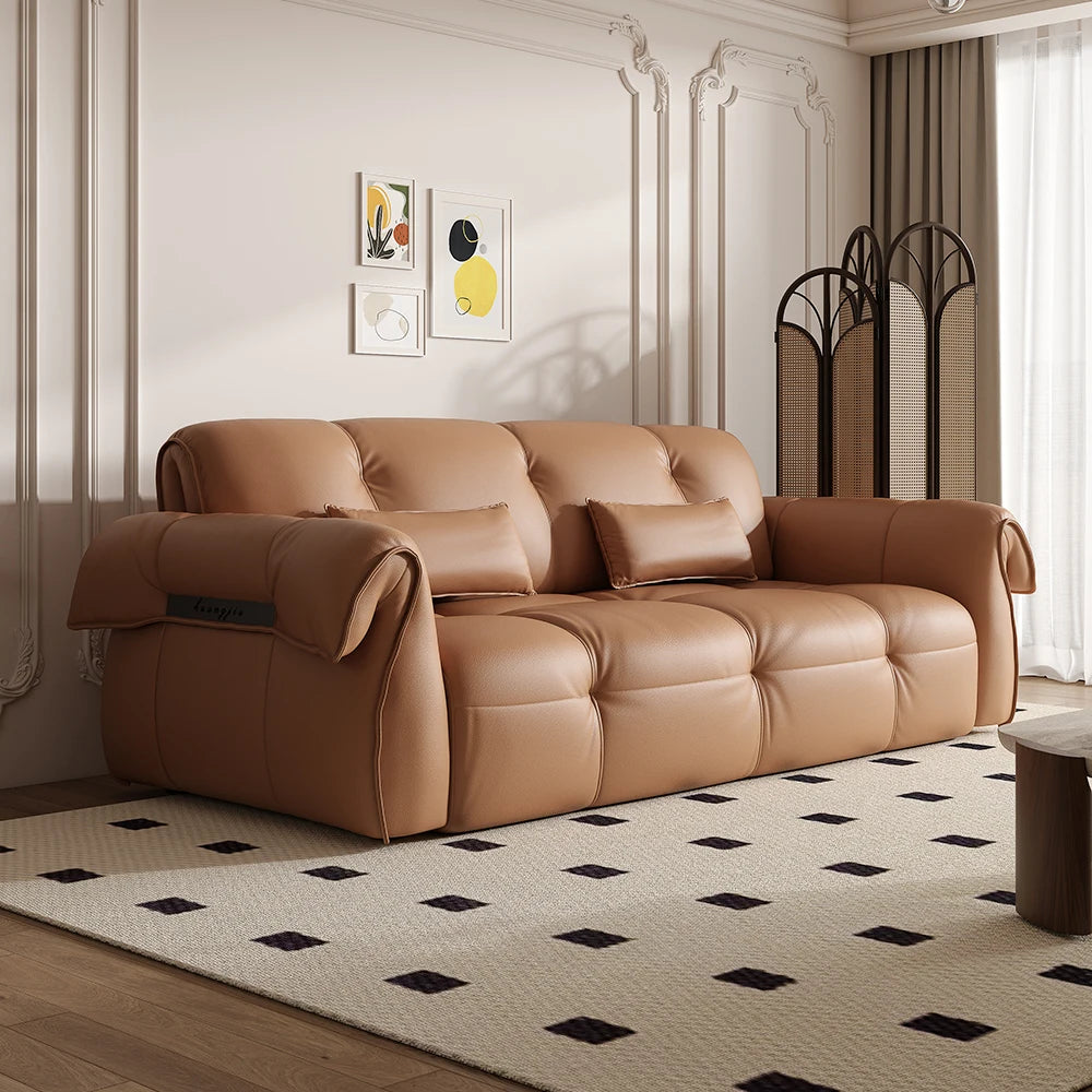 Fully Automatic Remote Control Electric Reclining Convertible Sofa Bed Genuine Leather L-Shape Solid Wood Frame Multifunctional