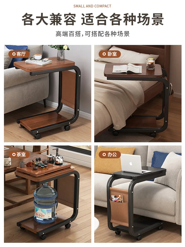 Metal Wooden Wood Modern Mobile Coffee Tables Mini Corner Small square Sofa Side Table Computer Bedside for Living Room