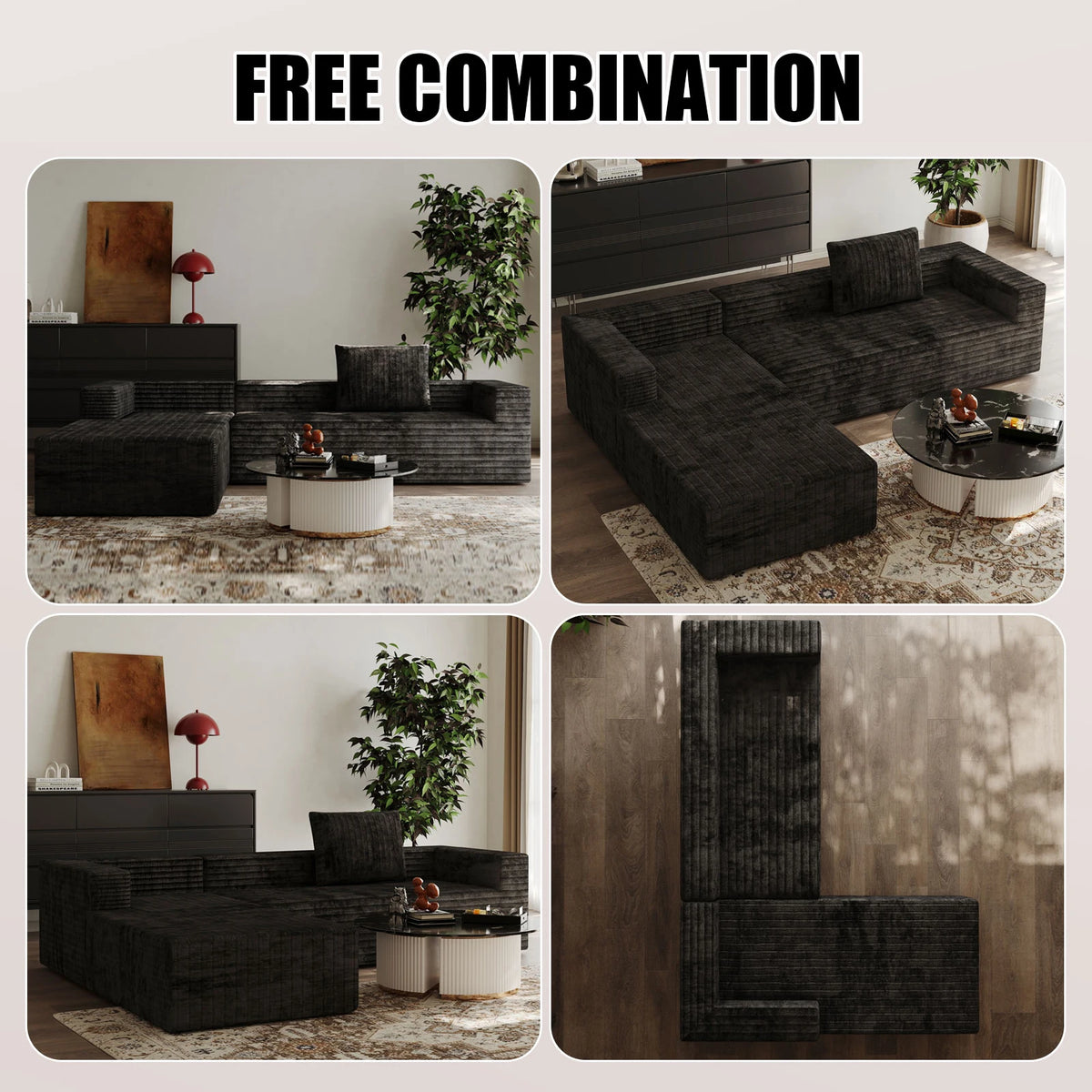 L-Shaped Boneless Modular Cloud Sofa, Plush Corduroy Modern Sectional, Deep Seat Upholstered Chaise No Assembly for Living Room