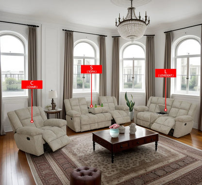 Beige Corduroy 3-Piece Living Room Recliner Sofa Set