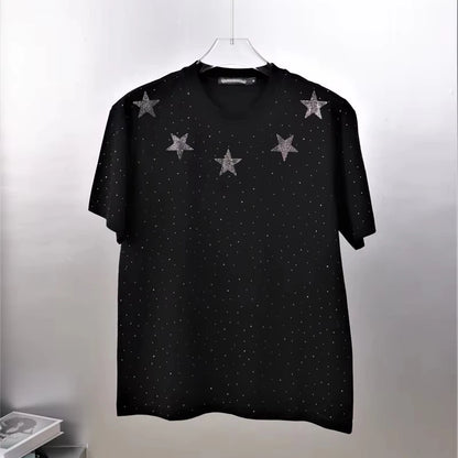 Summer Men Rhinestone Print Round Neck Cotton Clothes Short-sleeved T-shirt Plus Size Men's T-shirts