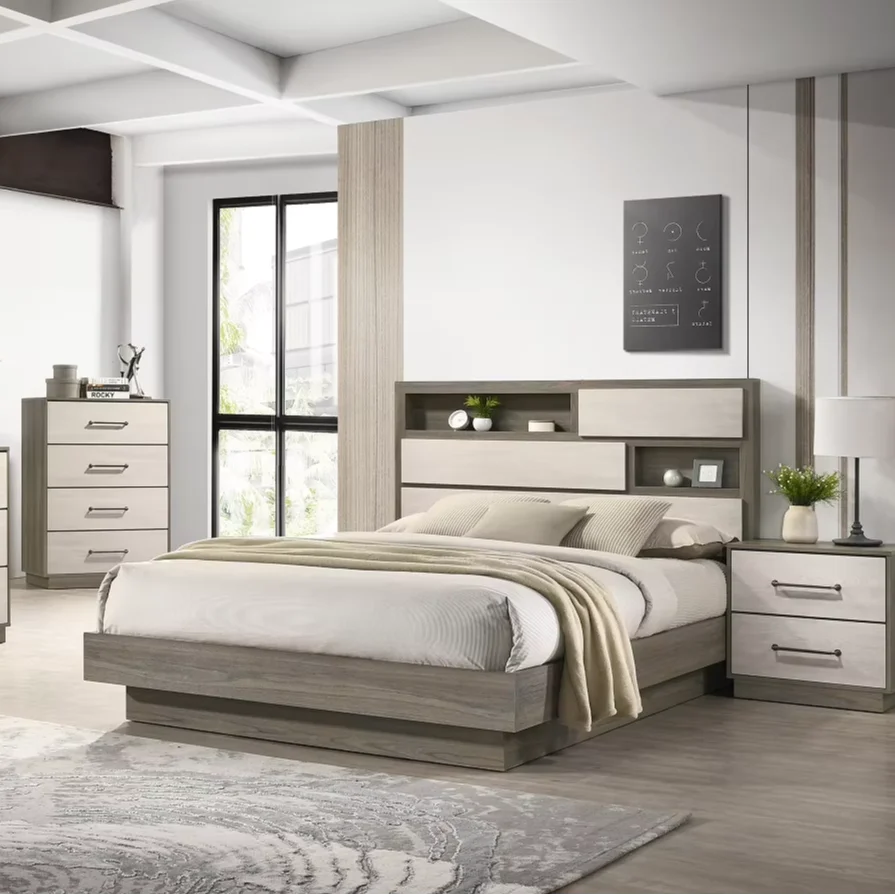 Modern 5-Piece Full Bedroom Set with Convertible & Adjustable Bed Wood in Beige & Brown Home Bedroom Furniture
