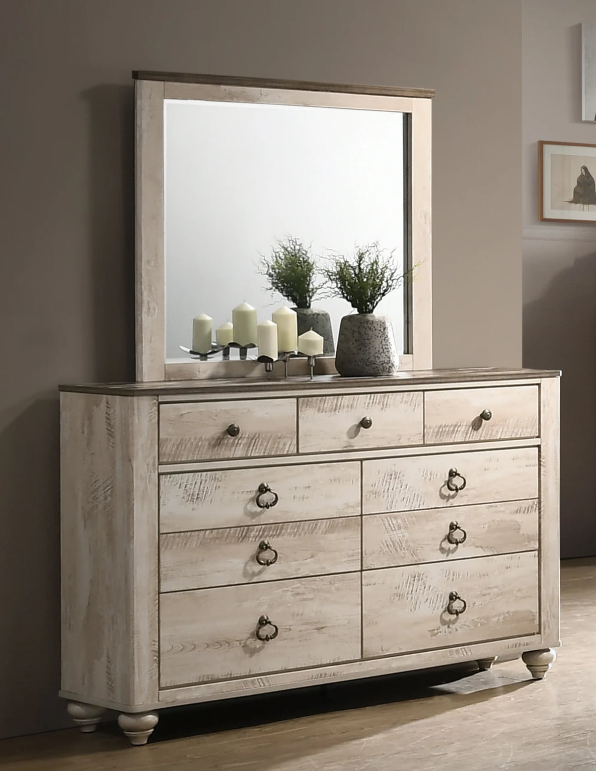 Imerland Contemporary White Wash Finish Bedroom 4 Piece Set With King Sleigh Bed Dresser Mirror and One Nightstand