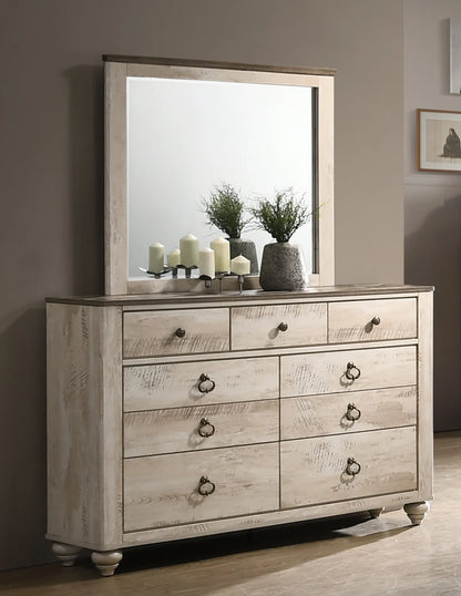 Imerland Contemporary White Wash Finish Bedroom 4 Piece Set With King Sleigh Bed Dresser Mirror and One Nightstand