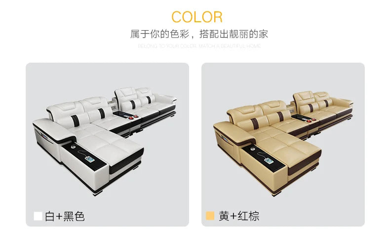 Linlamlim Modern Living Room Sofas L Shape Corner Italian Genuine Leather Couch with Speake,Radio,USB, Bluetooth, Cup Holder