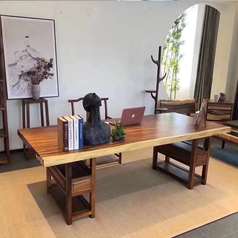 Solid Wood Large Board Walnut Wood Whole Piece Office Desk Tea Table Set New Chinese Style Minimalist Modern Executive Desk
