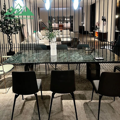 Wayon Luxury Green Sintered Stone Dining Table Set Glossy Faux Marble Top Black Pedestal Base Kitchen Furniture
