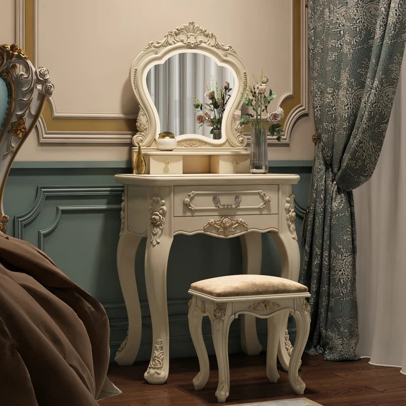 European Style Modern LED Cream White Dressing Table Girls' Makeup Table with Lighted Mirror Wood Panel Bedroom Furniture