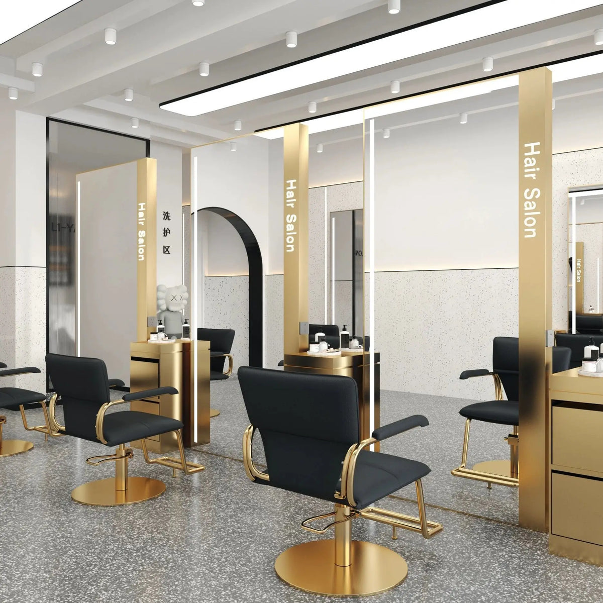Barber Shop & Hair Salon Double-Sided Metal Salon Mirror Cabinet with Trendy Style Floor Light for Haircut and Perm/Dye Services