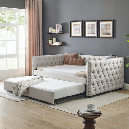 Daybed with Trundle Upholstered Tufted Sofa Bed With Button and Copper Nail on Square Arms Full Daybed and Twin Trundle