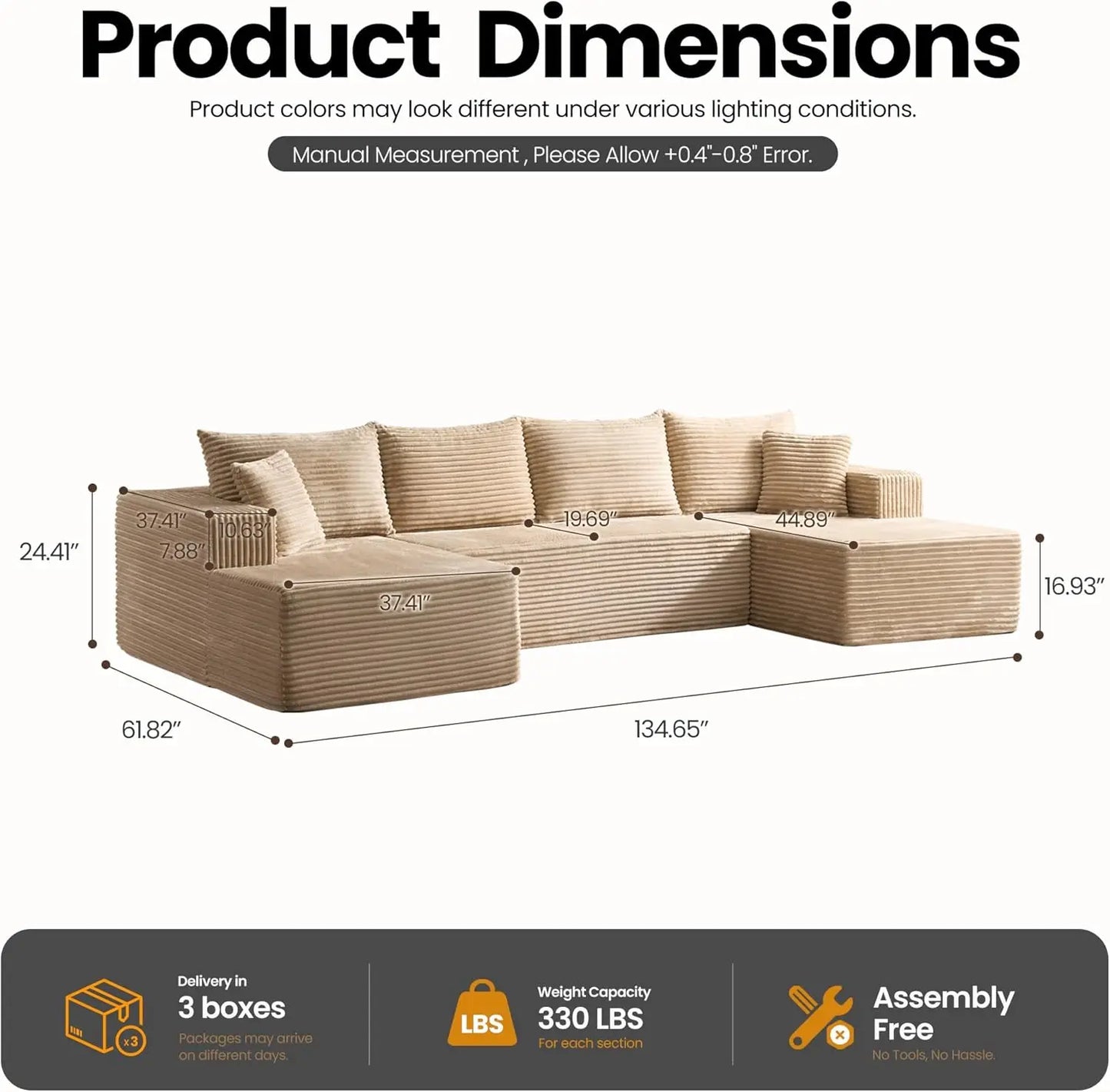 Factory Wholesale Modular U-Shape Cloud Sofa with Reversible Chaise, Vacuum Compressed & Boneless