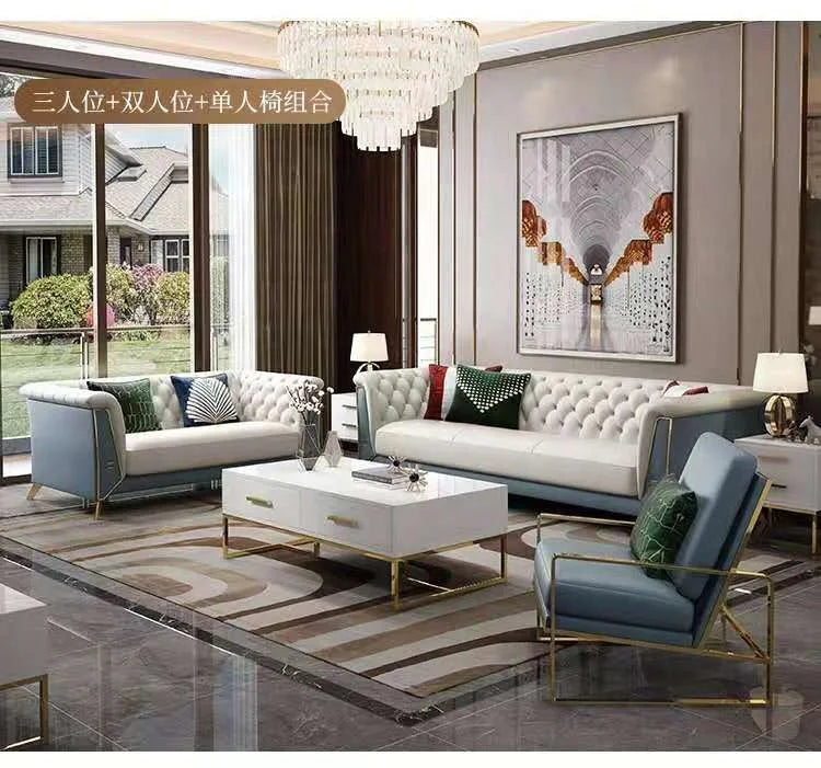 Modern Living Room Set Furniture Luxury White Leather Sofa Set Chesterfield Gold Stainless Steel Legs Sofa Set with Coffee Table