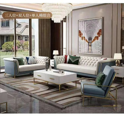 Modern Living Room Set Furniture Luxury White Leather Sofa Set Chesterfield Gold Stainless Steel Legs Sofa Set with Coffee Table