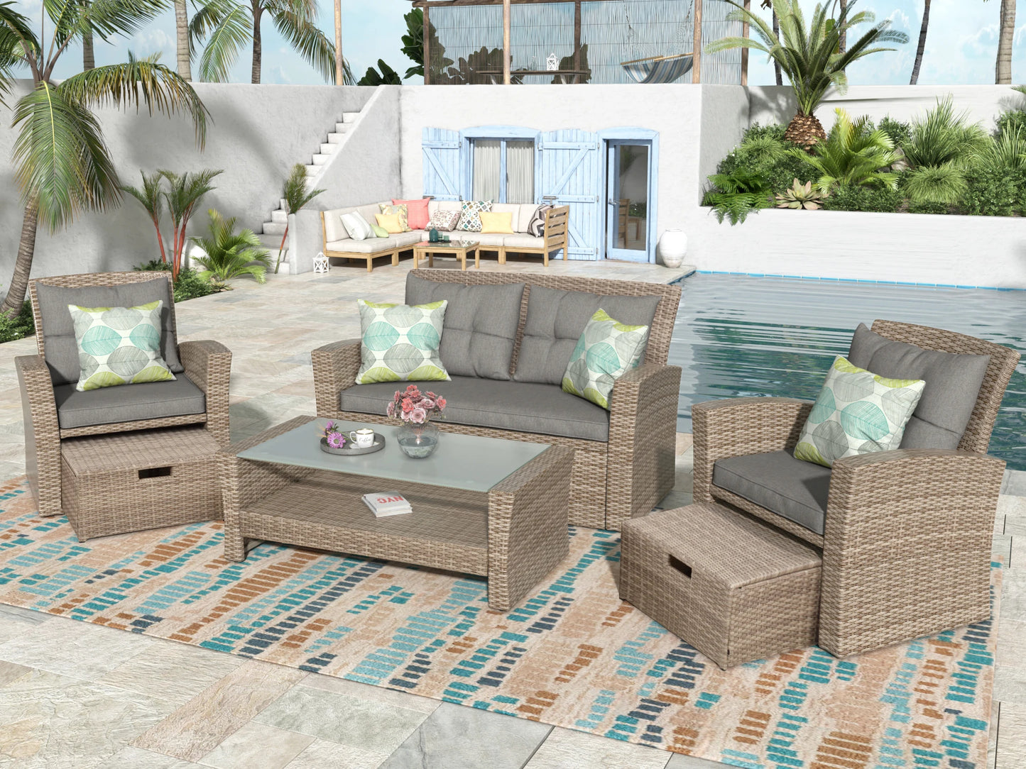 Modern U-Style 4-Piece Outdoor Rattan Sectional Sofa Set with Ottoman Cushions Durable & Lightweight All-Weather Furniture