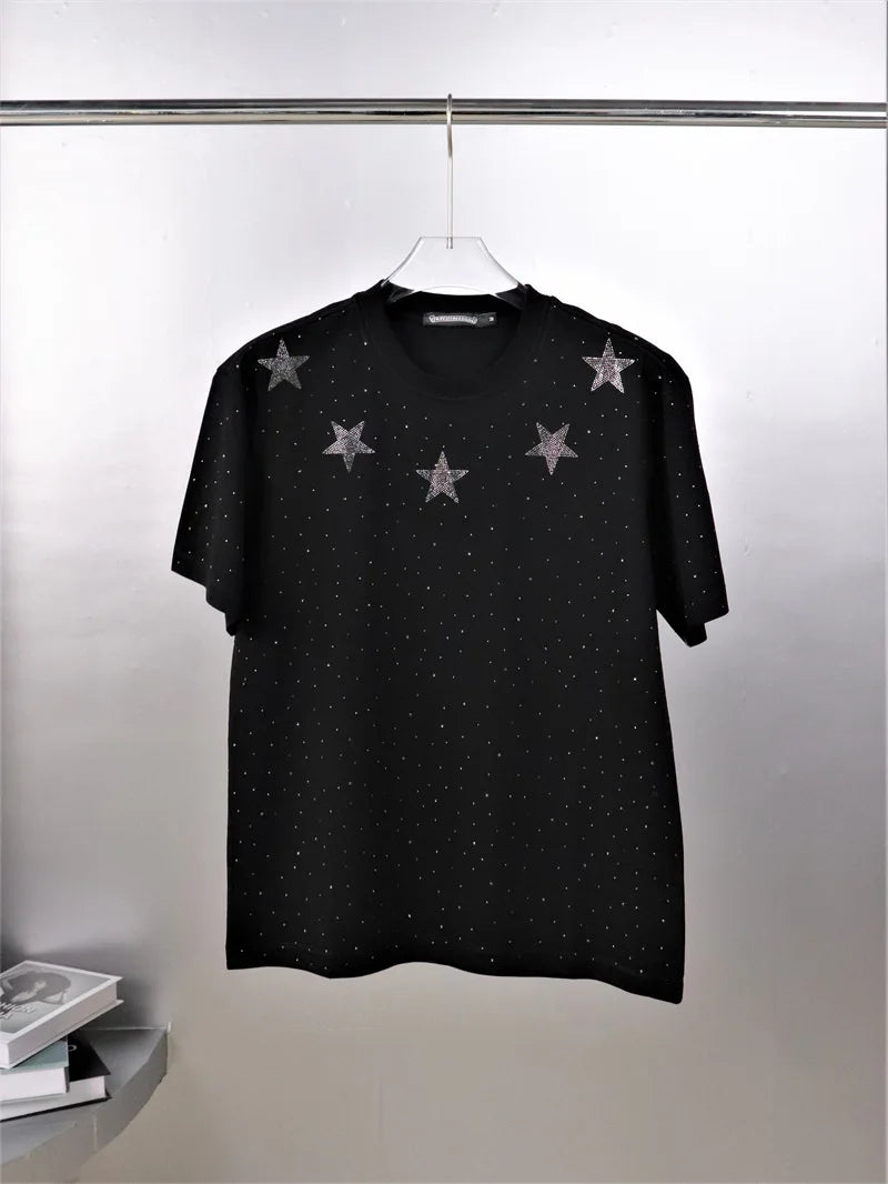 Summer Men Rhinestone Print Round Neck Cotton Clothes Short-sleeved T-shirt Plus Size Men's T-shirts
