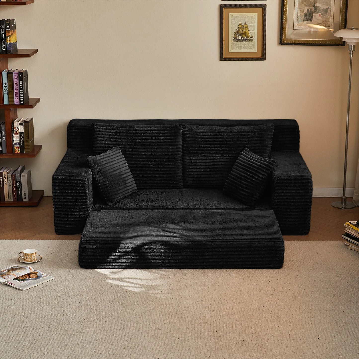 Modern Modular Loveseat Sofa Bed Convertible 2-in-1 Square Upholstered Durable Corduroy Fabric High-Density Foam Apartment Villa