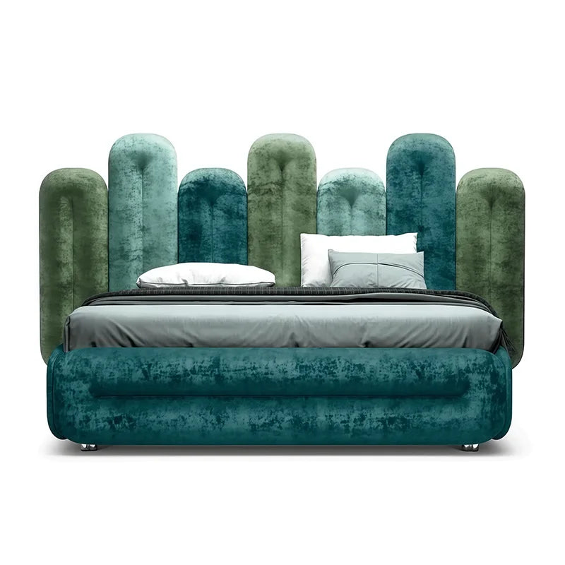 Art Modern King Deluxe Bed Solid Wood Frame Metal Legs Blue Green Red Velvet Bedroom Furniture