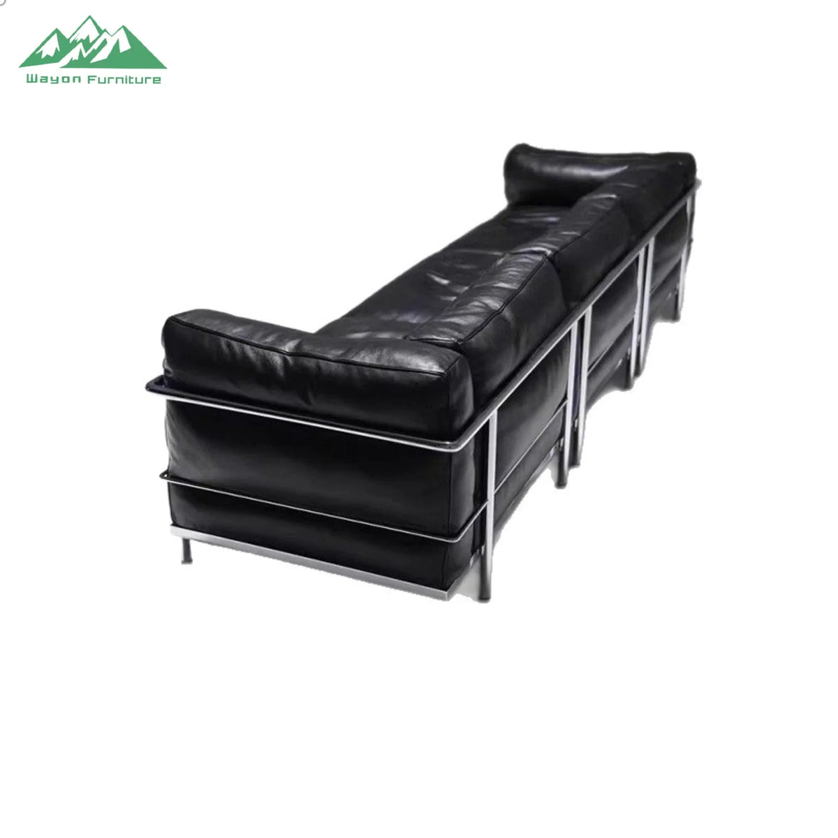 Wayon  Modern Black Leather Sofa Set Foam Filled with Silver Metal Frame 4-Seater for Living Room Luxury