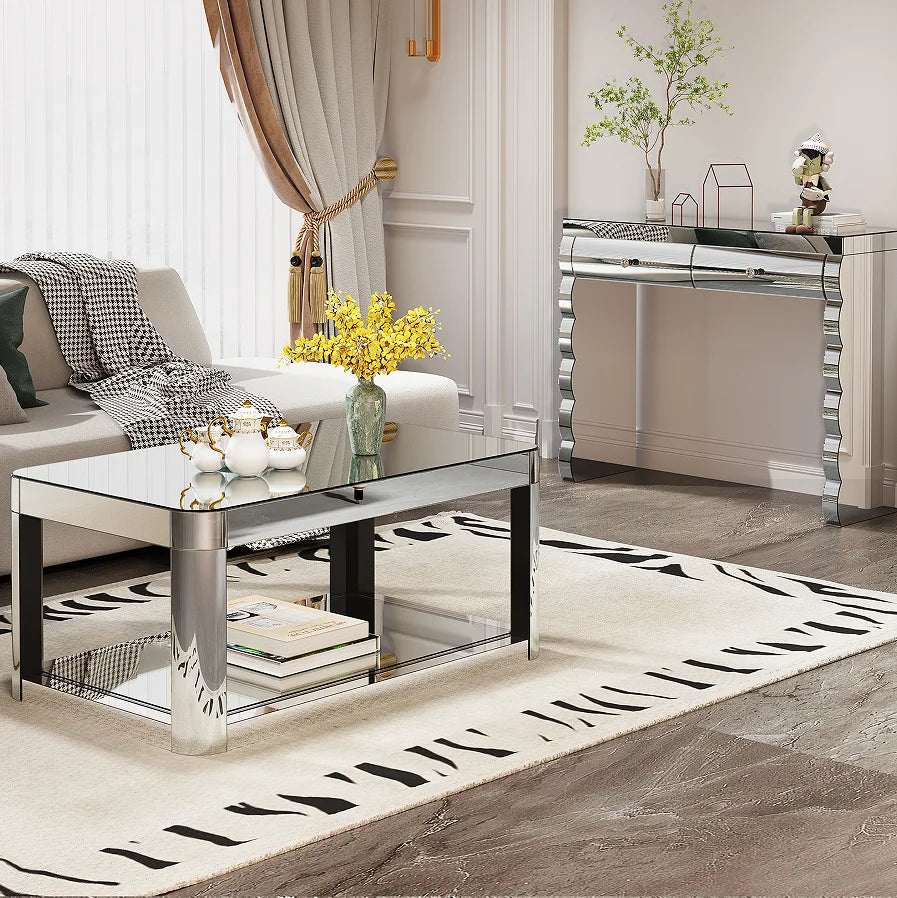 Baked Curved Mirror Modern Wood Coffee Table Living Room Adjustable Height Lift Center Table Premium Furniture