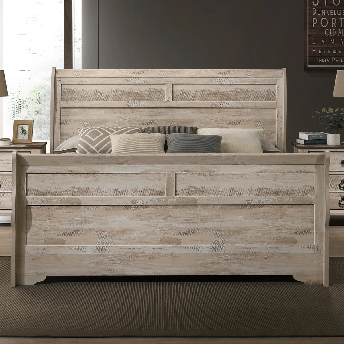 Imerland Contemporary White Wash Finish Bedroom 4 Piece Set With King Sleigh Bed Dresser Mirror and One Nightstand