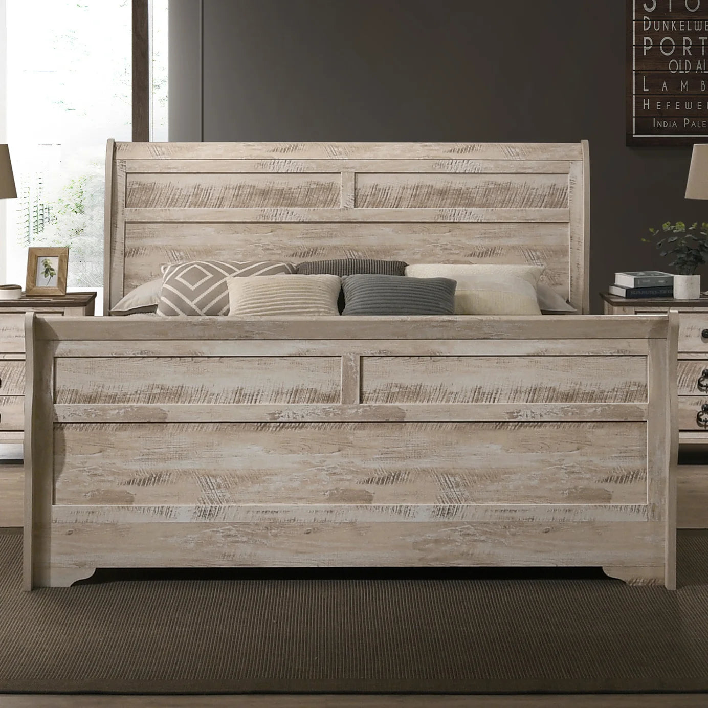 Imerland Contemporary White Wash Finish Bedroom 4 Piece Set With King Sleigh Bed Dresser Mirror and One Nightstand
