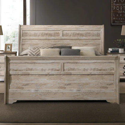 Imerland Contemporary White Wash Finish Bedroom 4 Piece Set With King Sleigh Bed Dresser Mirror and One Nightstand