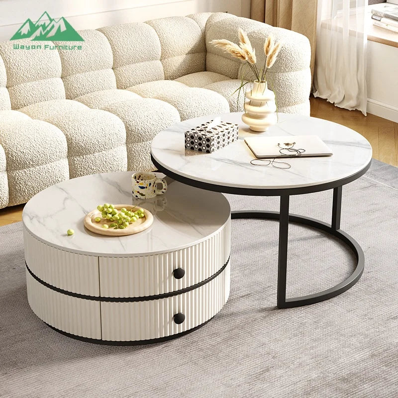 Wayon Modern White Round Nesting Coffee Table Set Gold Frame Storage Drawers Fluted Texture Living Room