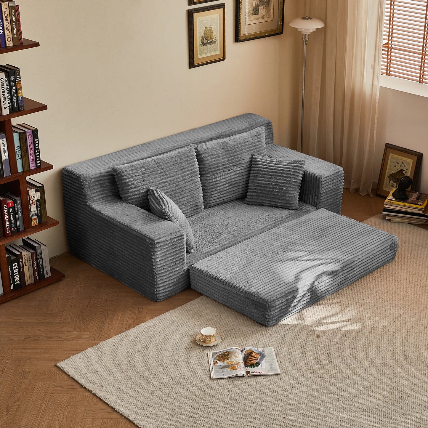 Modern Modular Loveseat Sofa Bed Convertible 2-in-1 Square Upholstered Durable Corduroy Fabric High-Density Foam Apartment Villa